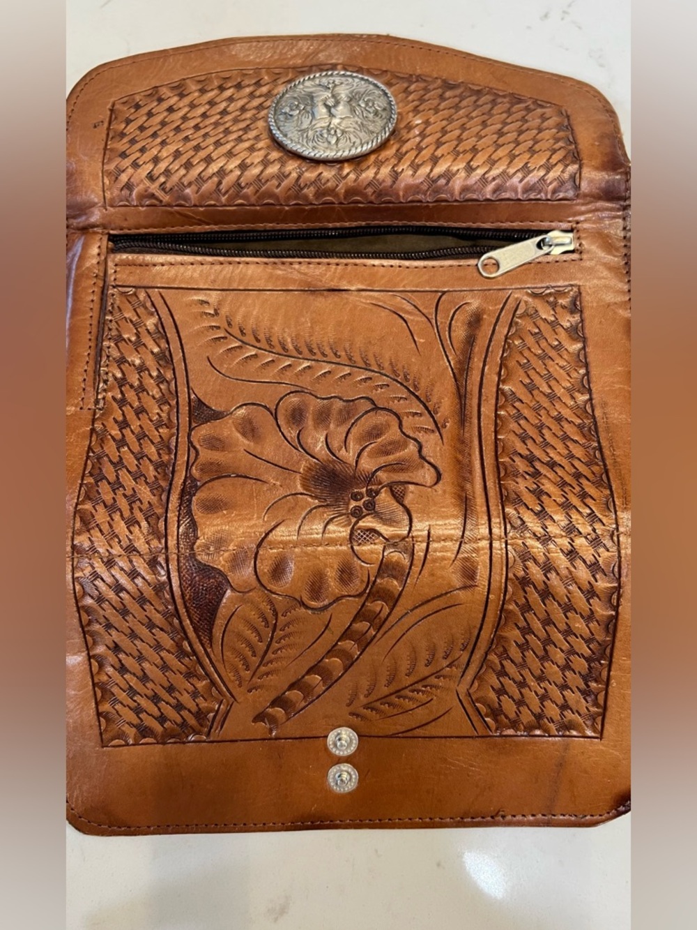 Hand-Tooled Tan Leather Wallet Clutch with Decorative Silver Concho - Picture 3 of 10